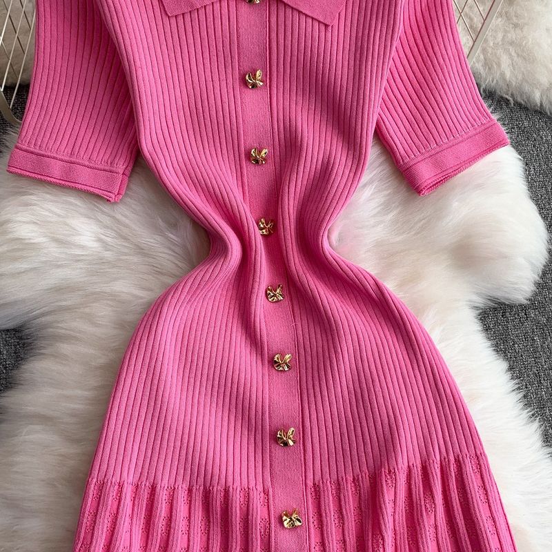 Abito da donna con risvolto e maniche corte, nuovo stile, con fibbia in metallo, vita sottile, gonna lunga lavorata a maglia a coda di pesce_voghion.com