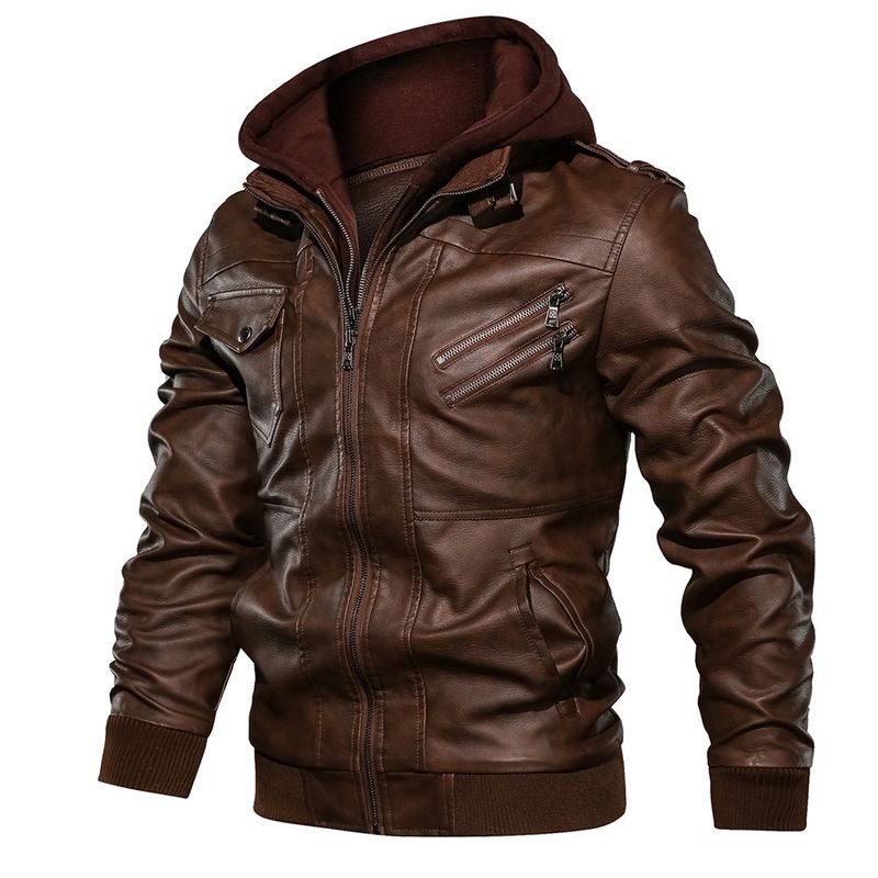 Men's Clothing leather jacket men's slim zipper PU motorcycle youth hooded coat jacket_voghion.com