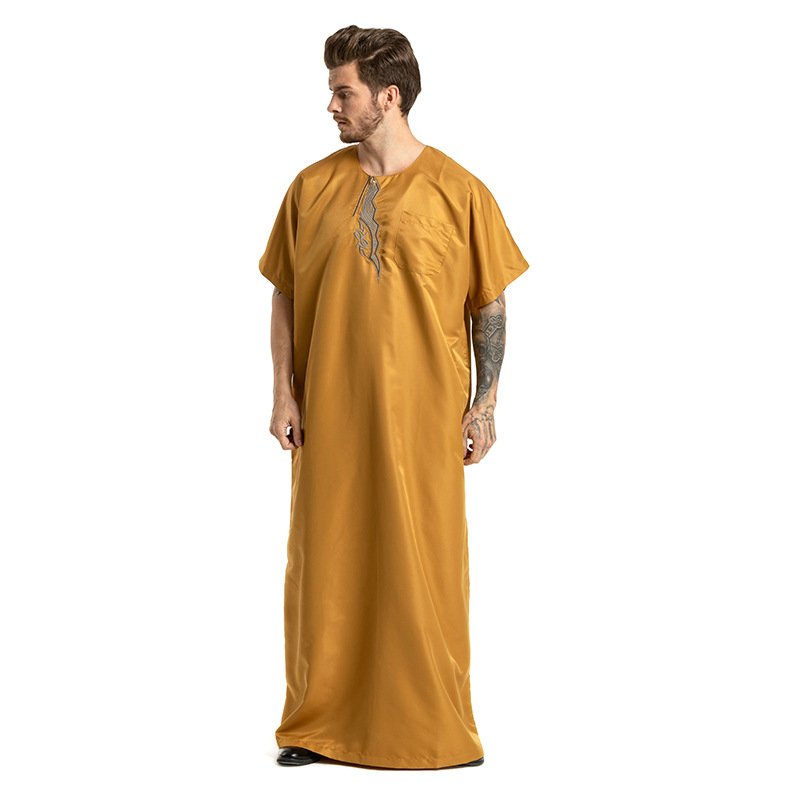 Männerkleeder muslimesch Männerkleed mat gesticktem kuerzen Ärmelen, Ronnhalsmantel fir Männer_voghion.com