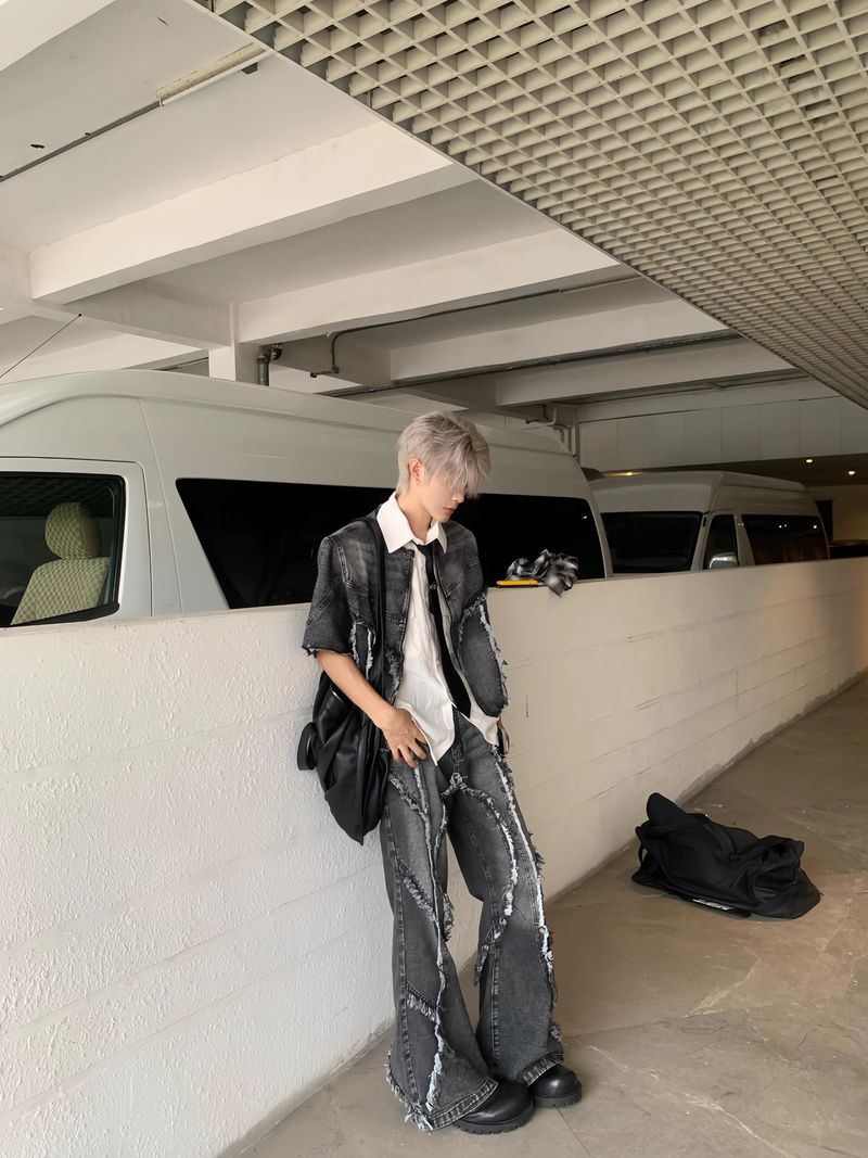 Men's Clothing Niche Design Raw Edge Shoulder Pad Denim Short Sleeve Washed Heavy Jeans Suit Men's Jacket Shirt Short_voghion.com