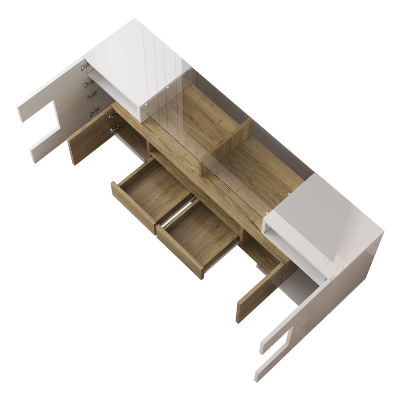 Meuble TV moderne, buffet bas blanc brillant de 145 cm avec éclairage LED, surface en verre élégante, mobilier de salon contemporain_voghion.com