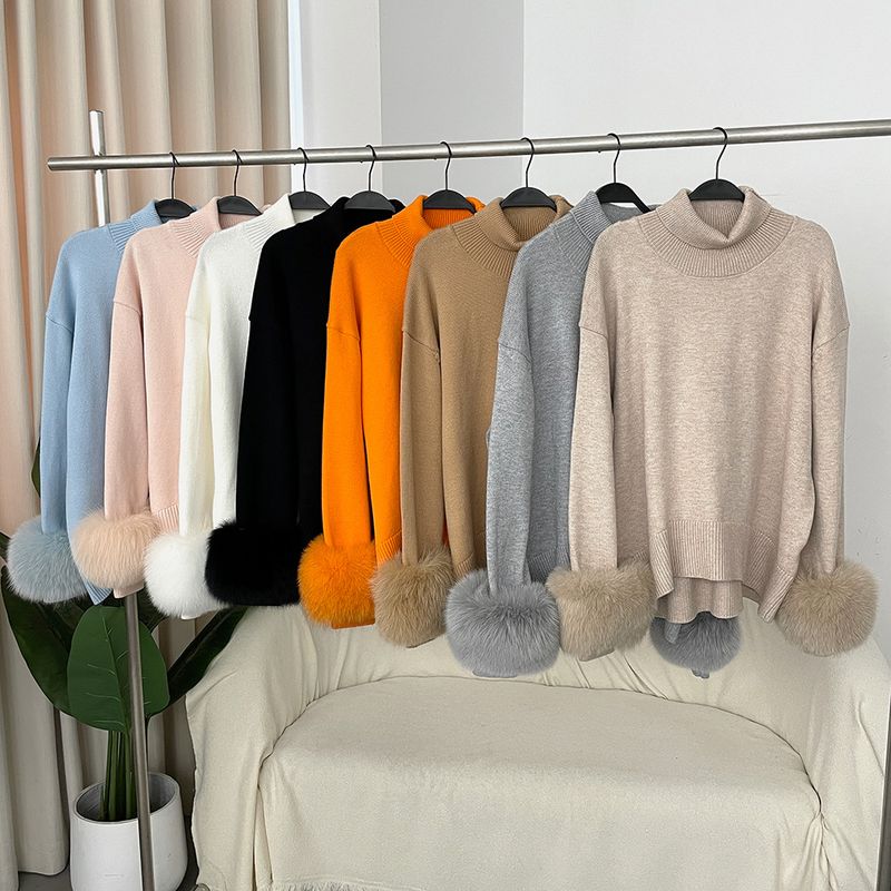 Damenbekleidung Heißer Verkauf Damen Herbst und Winter neuer verdickter hochgeschlossener lockerer Strickpullover mit abnehmbaren Manschetten aus echtem Fuchs_voghion.com