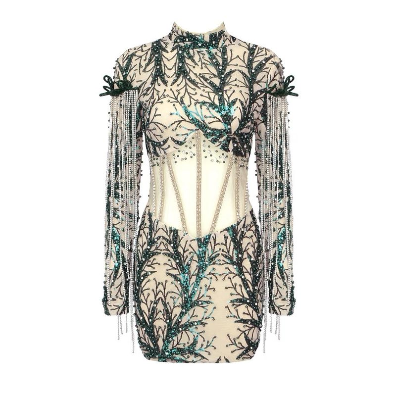Elegante abito da sera aderente con frange di perline e maniche lunghe per donna - Vita alta, paillettes scintillanti, abito da sera formale per banchetti e occasioni speciali_voghion.com
