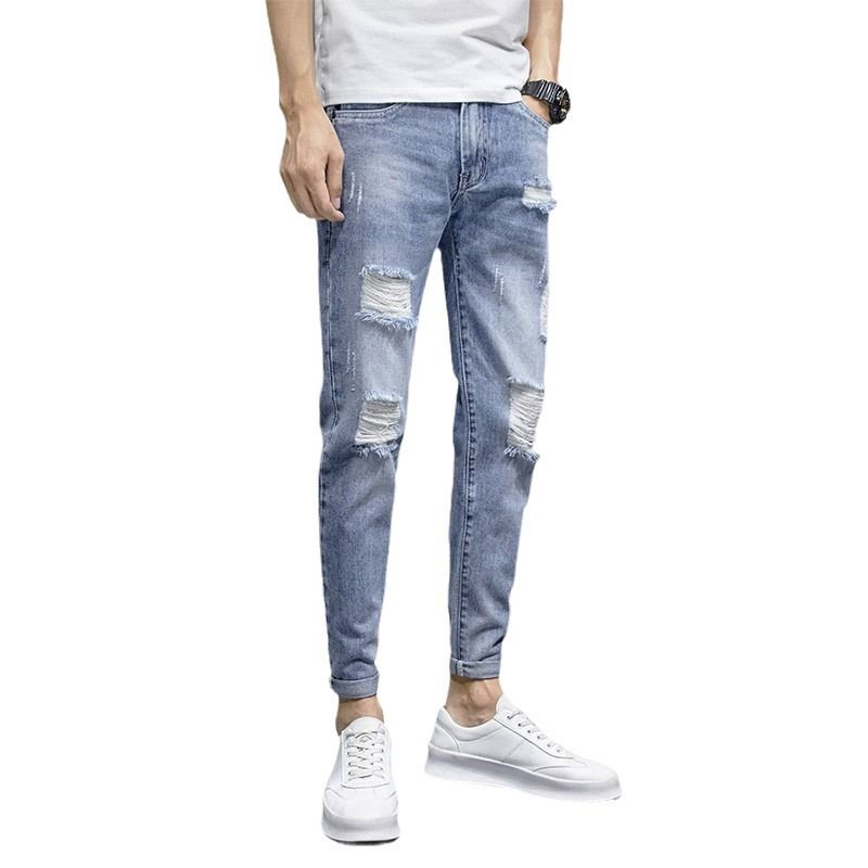Ripped Jeans Men Summer Nine Points Slim Straight Loose Casual New Thin Style Beggar Pants_voghion.com