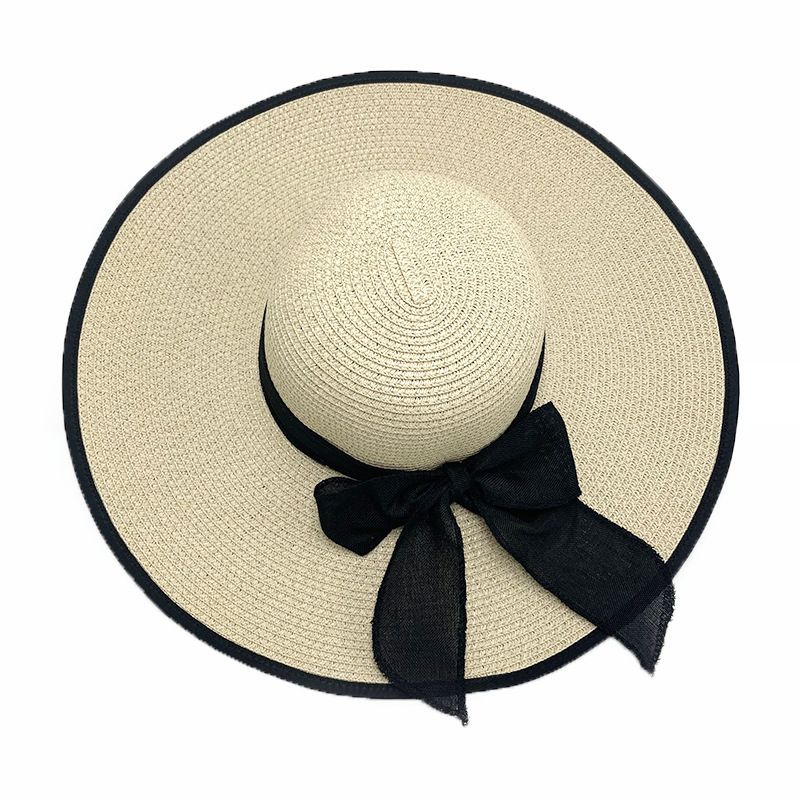 Elegante cappello da sole pieghevole con tesa oversize da donna, cappello di paglia per le vacanze al mare, cappello da sole con fiocco e cupola_voghion.com