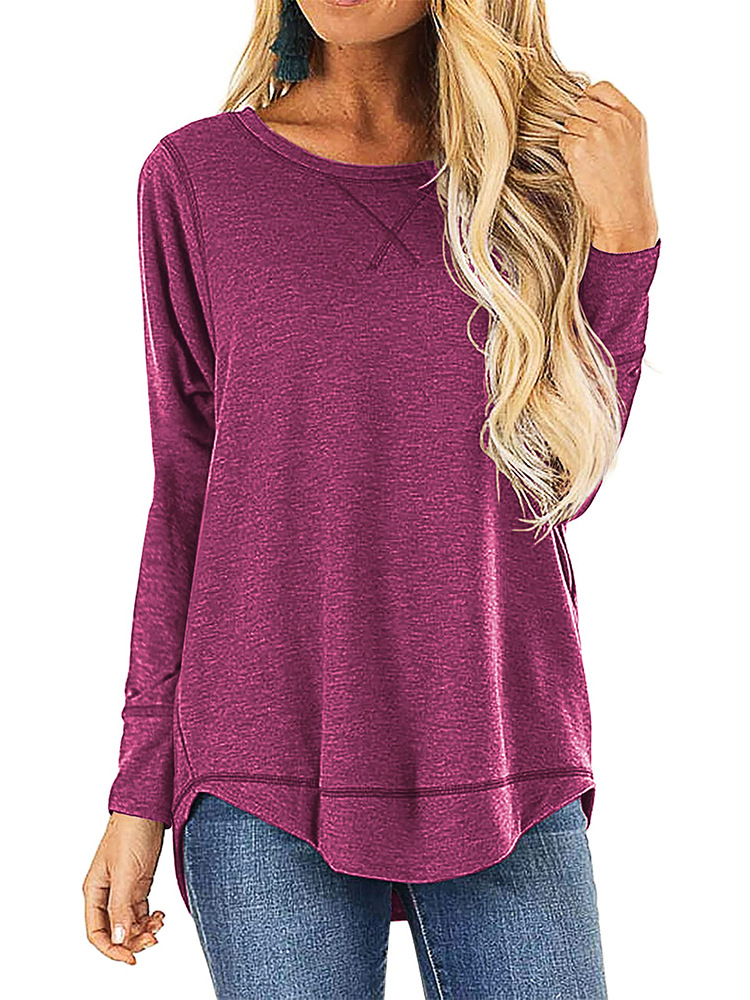 Maglietta casual da donna a tinta unita, nera, a maniche lunghe, con scollo tondo autunnale_voghion.com