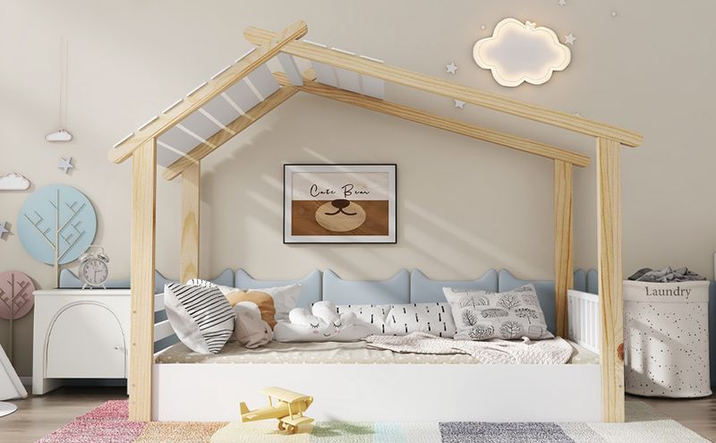 Holzbett 90x200cm In Hausdesign, Schlichtes Design, Weiß+Natur_voghion.com