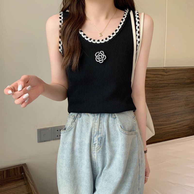 Maglione corto a canotta con fiore di rosa in seta ghiacciata per donna, stile estivo, nuovo, piccolo, stile profumato, vestibilità aderente, maglione lavorato a maglia alla moda_voghion.com