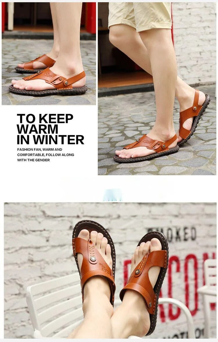 Scarpe da spiaggia casual estive, versione coreana antiscivolo, sandali in pelle alla moda, infradito, sandali da uomo a doppio uso,_voghion.com