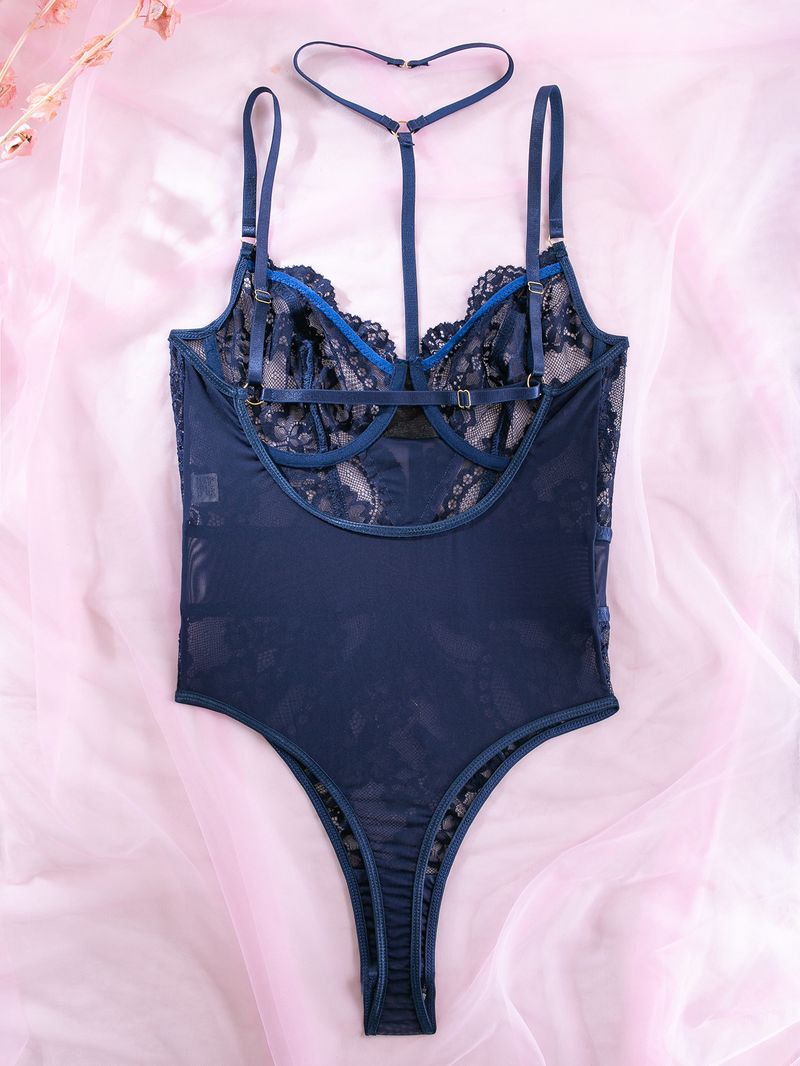 Damenbekleidung Außenhandel 2023 Neue sexy Dessous Sexy durchsichtiger, geraffter, schmaler Neckholder, rückenfreier Einteiler M2908_voghion.com