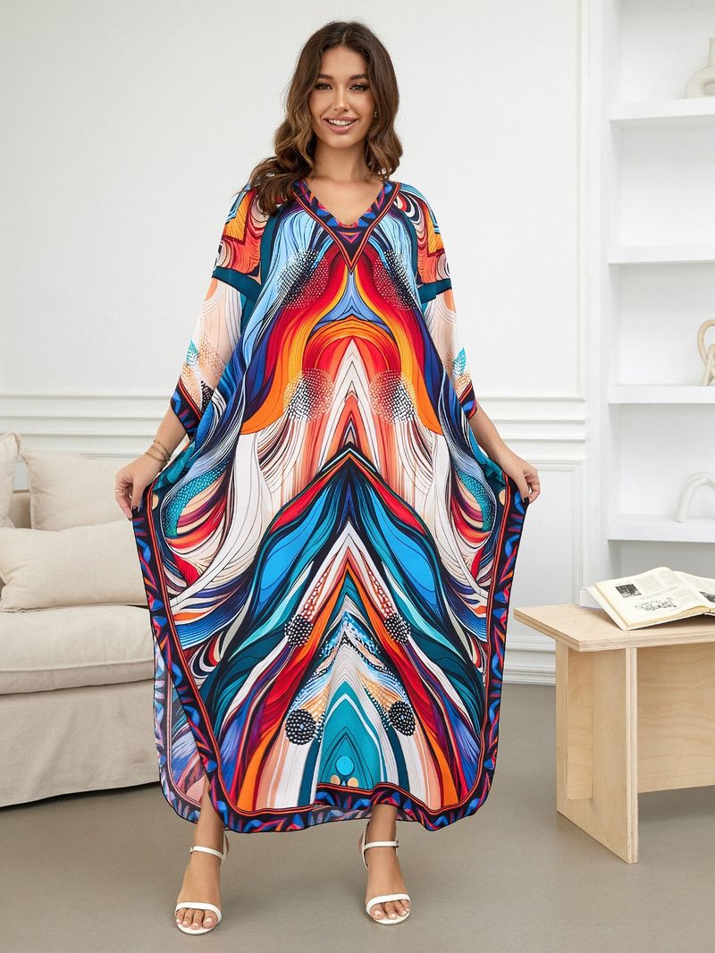 Sukienka maxi z nadrukiem w stylu boho, damska, narzutka z wiskozy – zwiewna tunika plażowa z etnicznymi wzorami, luźny krój w dużych rozmiarach, narzutka na bikini, strój na wakacje_voghion.com