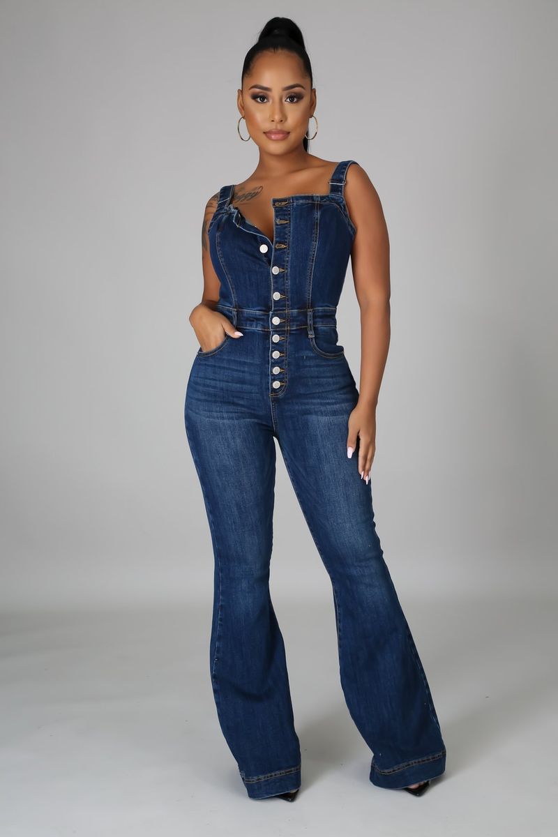 Roupas femininas Casual Sexy Suspensórios Denim Macacão Calças de perna larga_voghion.com