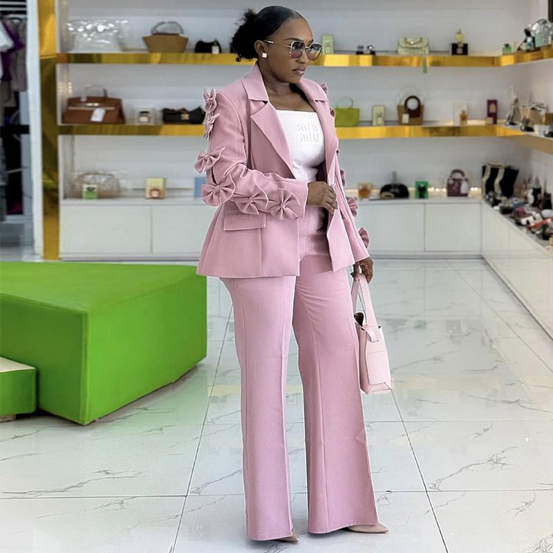 Kadın Yaz Modası Blazer ve Pantolon Takımı, Fiyonk Detaylı, Slim Fit, Cepli, Polyester İş ve Günlük Giyim Kıyafeti (S-XXL, Pembe)_voghion.com