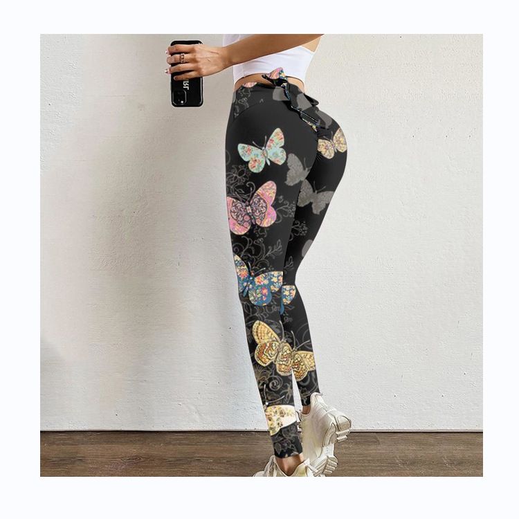 Pantaloni da yoga da yoga da donna con stampa multicolore antirughe sull'anca, dimagranti a vita alta, con fiocco elasticizzato_voghion.com