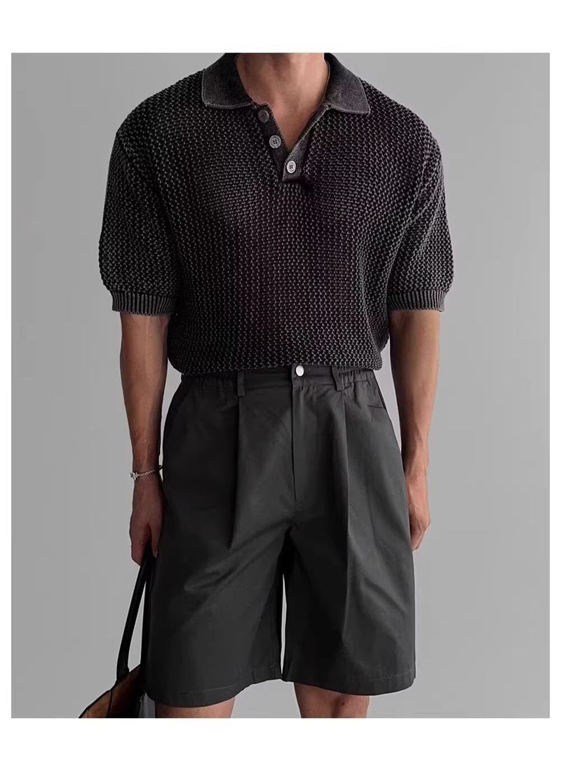 Maglione lavorato a maglia a maniche corte con risvolto, da uomo, in seta ghiacciata, a nido d'ape, con linea spessa, estivo_voghion.com