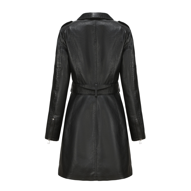 Abbigliamento da donna Cappotto in pelle di media lunghezza con cintura Giacca a vento in pelle a maniche lunghe Cappotto alla moda britannico da donna_voghion.com