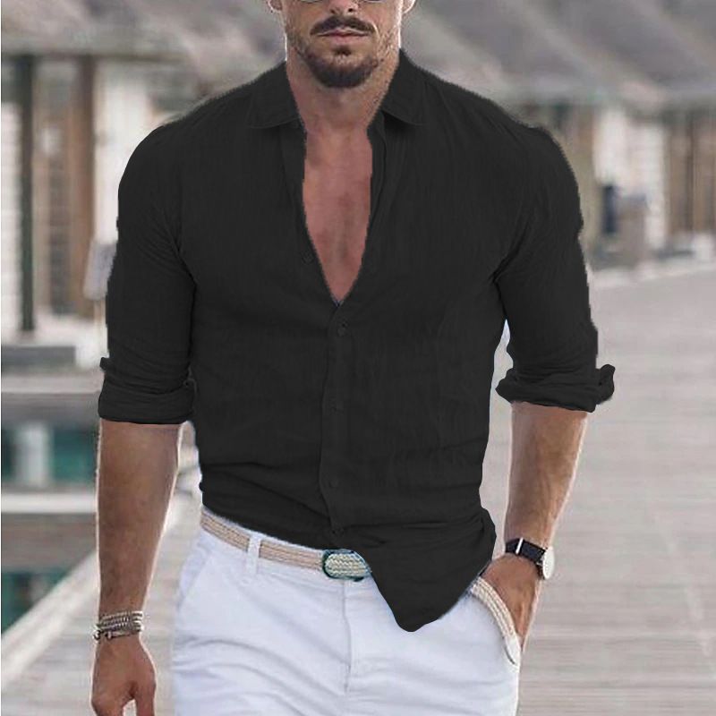 Camicia da spiaggia estiva da uomo in cotone e lino con risvolto, a maniche lunghe, tinta unita, per le vacanze hawaiane_voghion.com