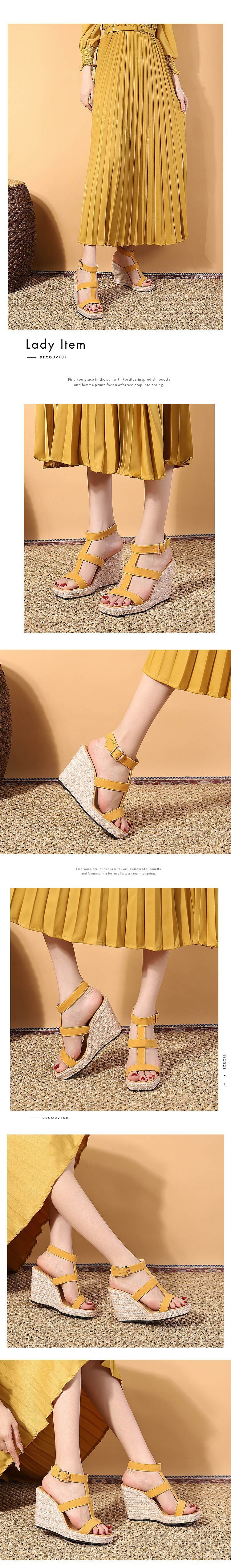 Women's Shoes New Summer Wedge Thick Soled High Heeled One Strap Sandals With Buckles Rope And Straw Woven Sole Large Size Shoes_voghion.com