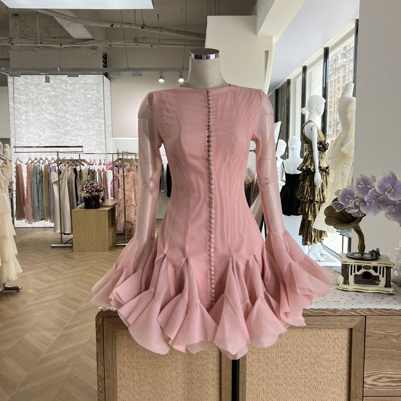 Damenbekleidung Nische Flower Fairy Bud Buttoned Slim Dress Sweet Salt Einzigartiges Design Einfarbig Kurz_voghion.com