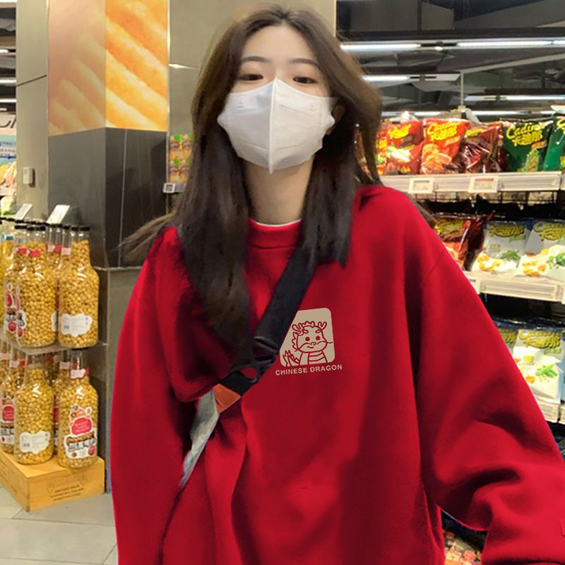 Red round neck hoodie women's spring jacket 2024 new loose plus velvet autumn and winter top 12_voghion.com