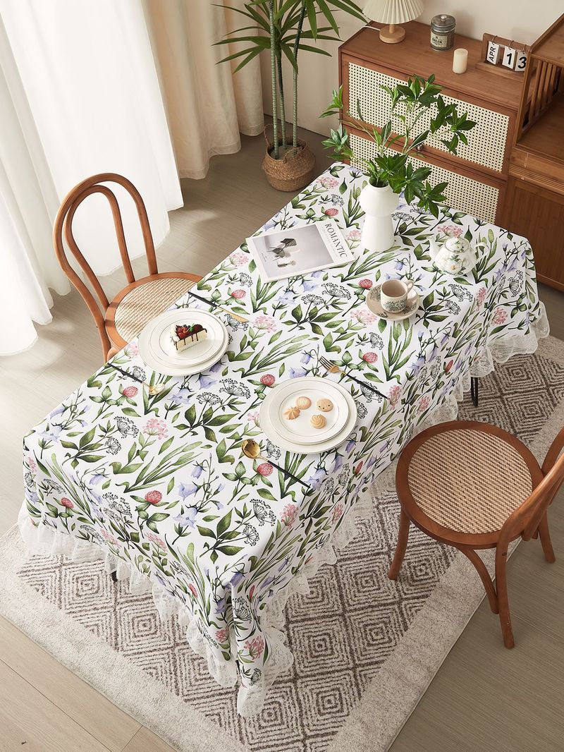 Vintage Abstract Floral Tablecloth – Polyester Lace-Trimmed Rectangular Table Cover For Dining & Coffee Tables (Non-Slip, Washable, Country Style)_voghion.com