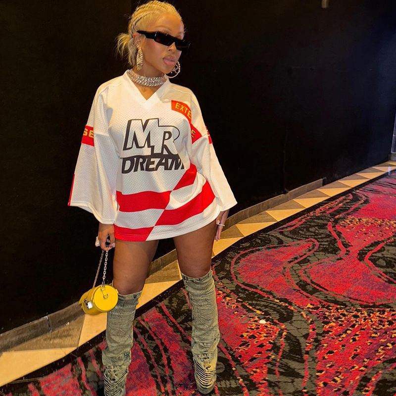 Nuova moda da donna con lettera stampata a contrasto, manica lunga, scollo a V comodo_voghion.com