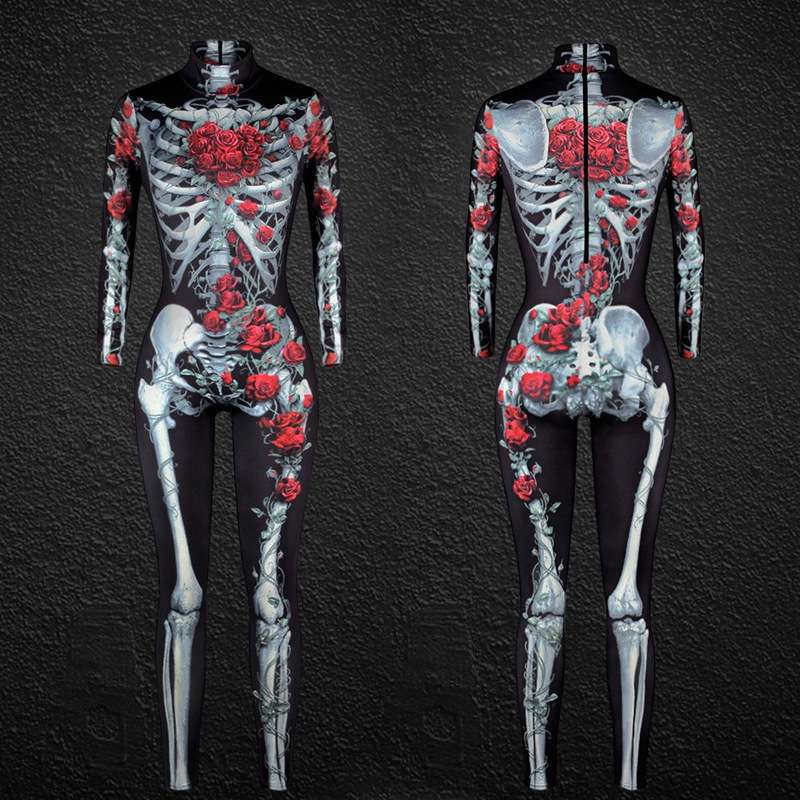 Ženska oblačila za noč čarovnic, ženski oprijeti kombinezon s potiskom človeškega okostja_voghion.com