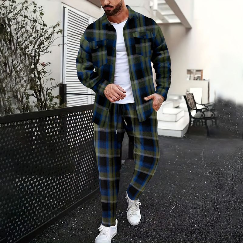 Neues Herren-Set mit kariertem Langarmhemd und Hose im Herbstlook – sportlich-lässig_voghion.com