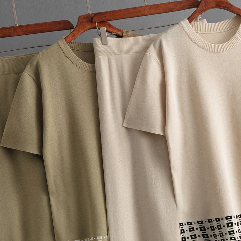 Frauen Kleidung sommer neue einfache mode rundhals einfarbig kurzarm top + hosen kontrast rand gestrickte zwei-stück set_voghion.com
