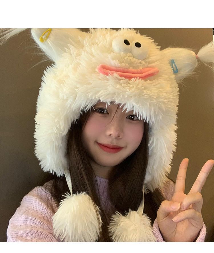 Lustige, hässliche, süße Plüschmütze für Damen, Herbst und Winter, großer Kopfumfang und dicker, warmer Ohrenschutz aus Samt_voghion.com