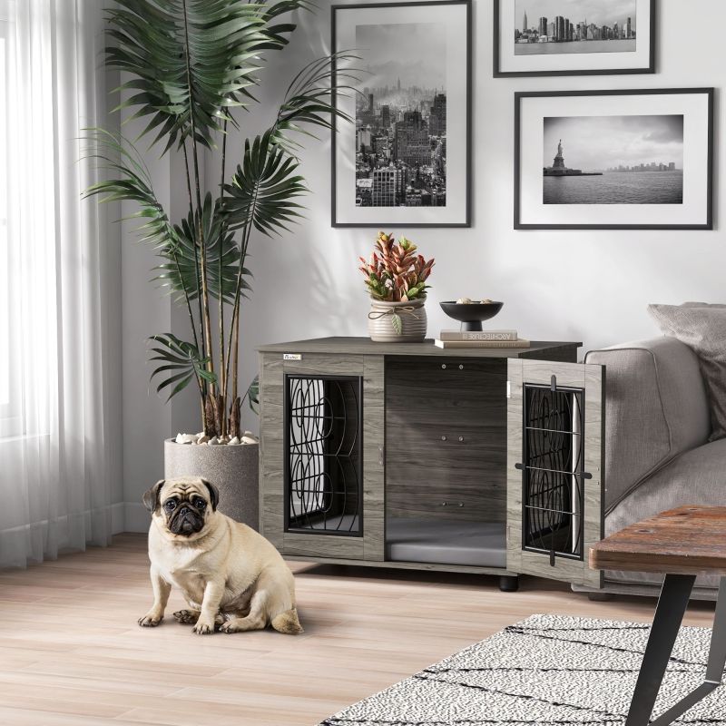 Hundebox 80x63cm Mit Liegekissen, Bis 20kg, Metall, Grau/Holzdekor_voghion.com