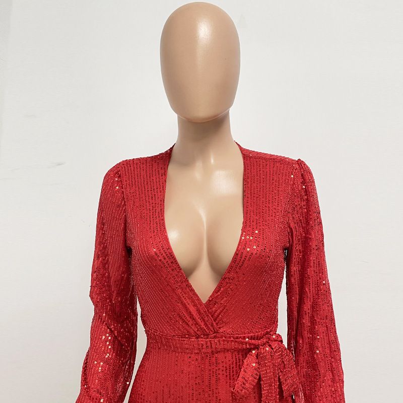 Damkläder Ins Style Deep V Mode Casual Jumpsuit Långärmat Bälte Paljett Jumpsuit Dam_voghion.com