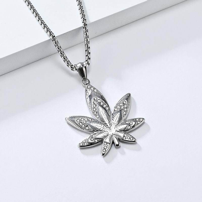 HIPHOP Bijouen Titanstahl platéiert K Gold Diamant Ahornblat Anhänger Halskette Hierscht a Wanter Nisch Pullover Kette_voghion.com