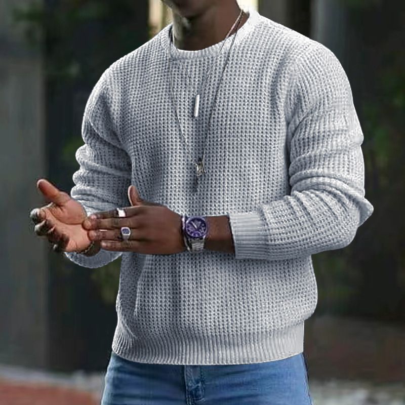 Autumn new round neck cotton waffle solid color knitted sweater men's pullover casual long sleeved shirt_voghion.com