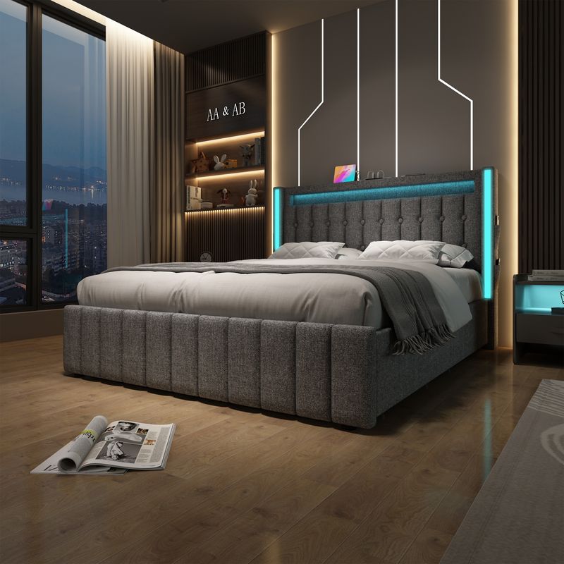 Lit double avec rangement et lattes en bois, chargement USB Type-C, éclairage LED et 4 tiroirs, gris (matelas non inclus). Lit enfant 140 x 200 cm._voghion.com