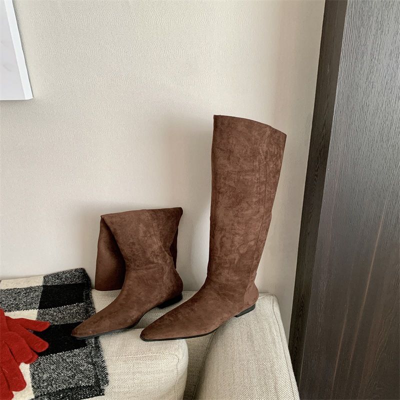 ShoeGlobe Autumn Winter New Square Toe Flat Slip-On Suede Khaki Long Women's Riding Boots_voghion.com