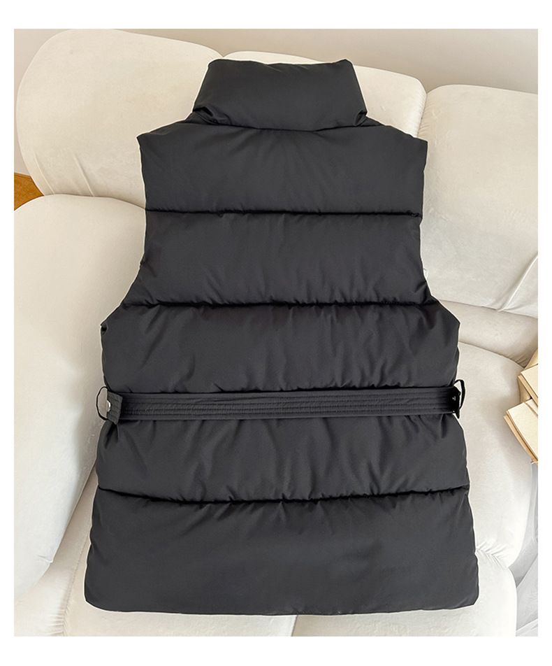 Women's Clothing autumn and winter new women's clothing trend solid color belt fashionable cotton vest fashionable stand up collar flat coat jacket_voghion.com