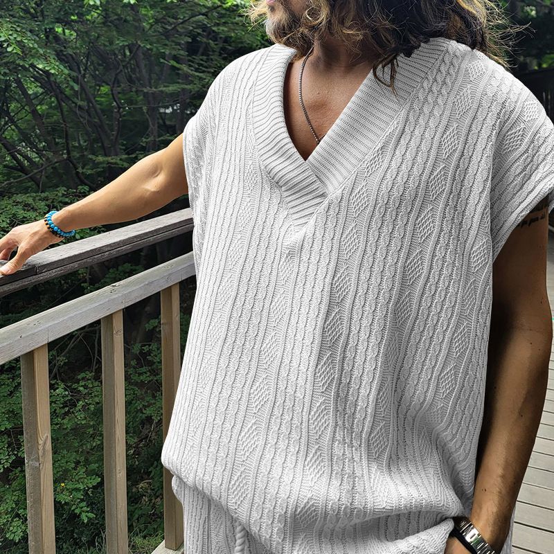 Gilet en tricot jacquard ample à col en V pour hommes, nouvelle collection d'été, surdimensionné et décontracté_voghion.com