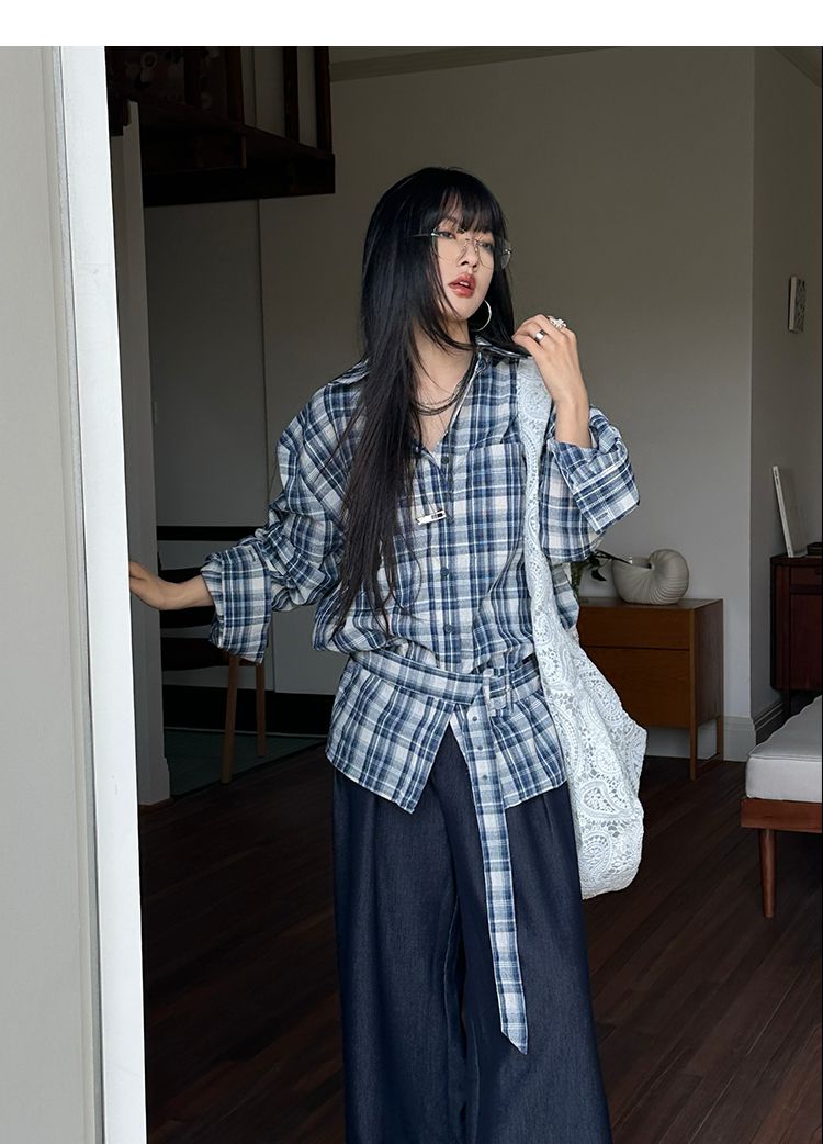 Stilvolles blaues Hemd für Damen, lässig, mit Bindegürtel, langärmelig, karierte Bluse_voghion.com