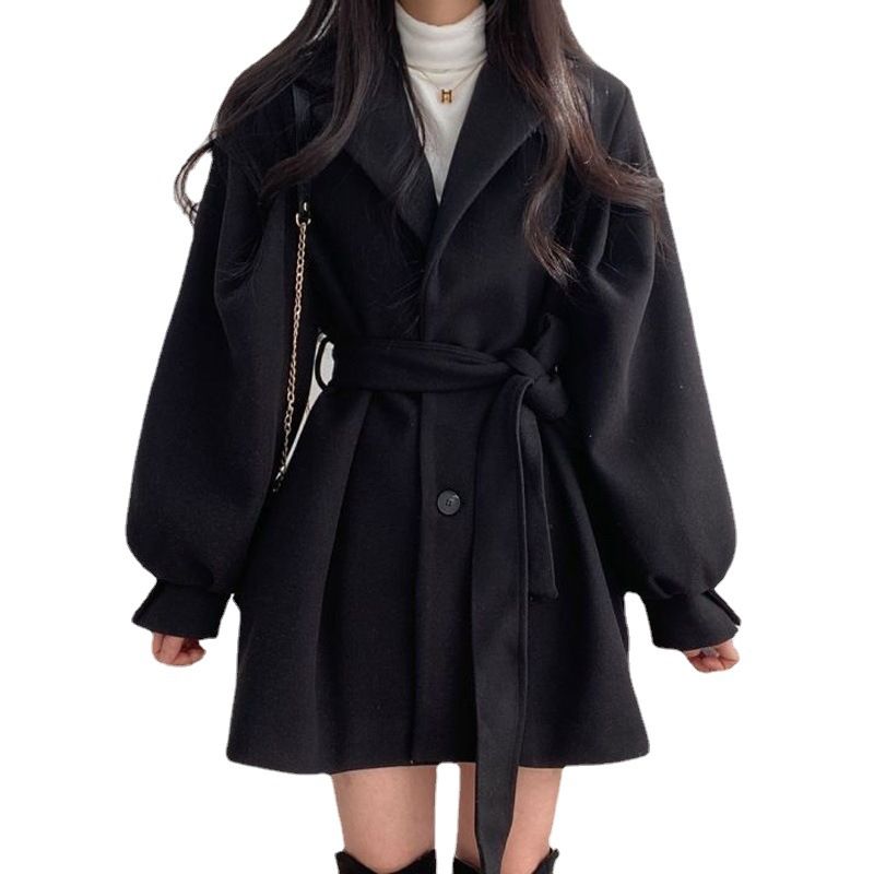 2025 Herbst-Winter-Anzugmantel mit Krawattenkragen, Taillengürtel, Laternenärmeln, zierliche Wolljacke für Damen_voghion.com
