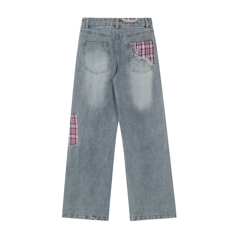 Irregular Patchwork Jeans For Men, Trendy Brand With Bow Belt Design, Niche Plaid Straight-Leg Pants_voghion.com