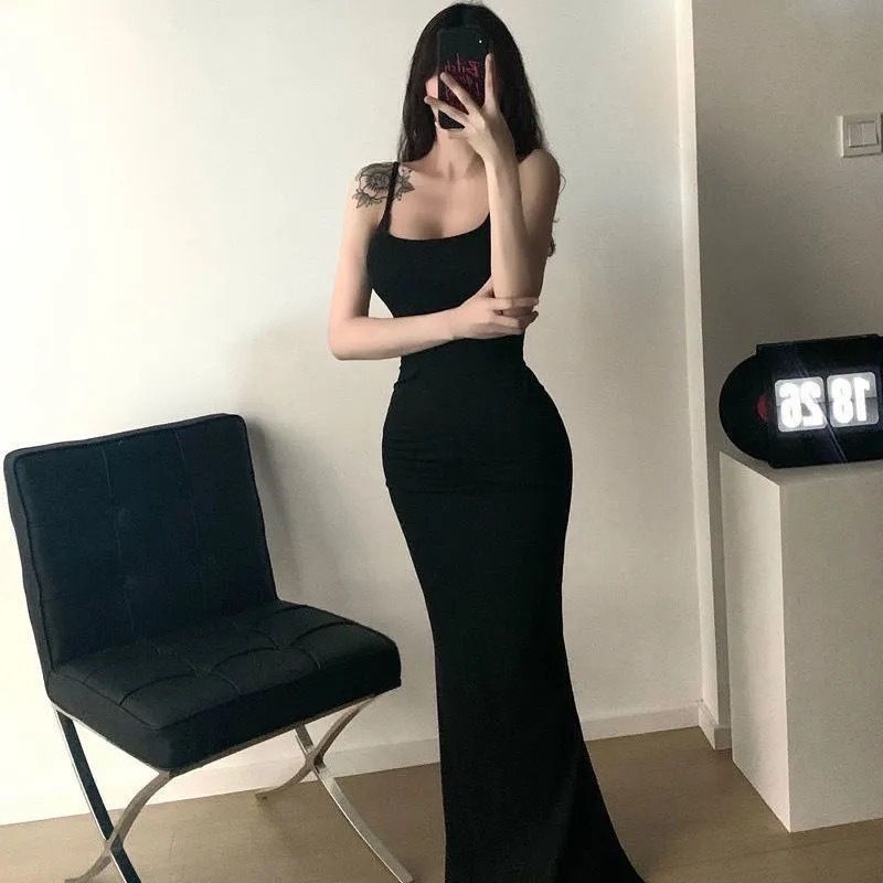 Spaghettiträger im französischen Stil für Damen, Sommer, neu, sexy, heißes Mädchen, High-End-Feeling, schmale Passform, figurbetontes langes Kleid_voghion.com