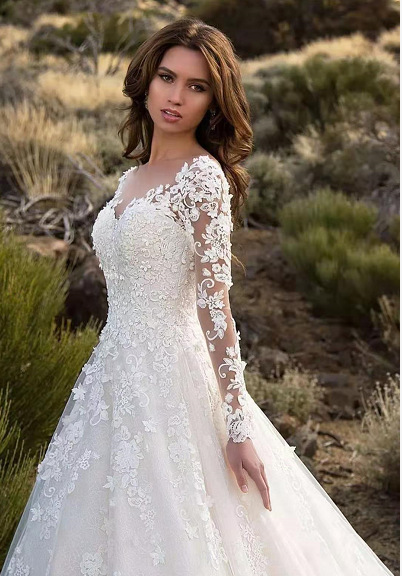 Damenbekleidung Langärmliges One-Shoulder-Brautkleid_voghion.com