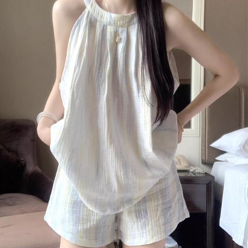 2024 Nouvel Été Lait Bleu Col Rond Vêtements De Nuit Femme Célébrité Sur Internet Ins Style Sans Manches Ensemble D'ameublement Coréen_voghion.com