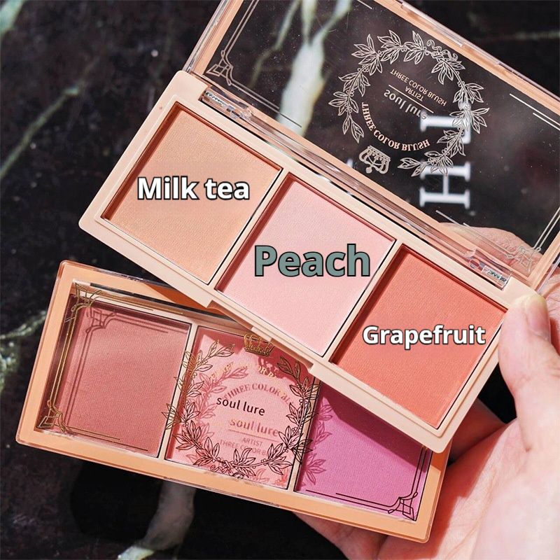 Dreifarbiges, natürliches Nude-Rouge, mattes, langanhaltendes Rouge, günstiges Make-up für Studenten, Pink, Puderrouge, schlichtes Blau_voghion.com