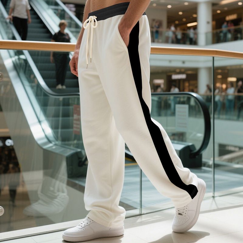 Autumn Winter American Style Men's Terry Drawstring Straight Loose Color-Block Casual Sports Sweatpants_voghion.com