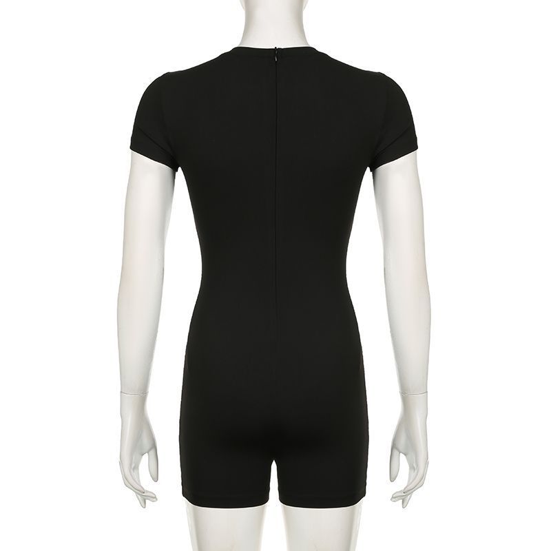 Women's Clothing Simple Ins Basic Round Neck Slim Short Sleeved Sports Jumpsuit Solid Color Fitness Shorts Women_voghion.com