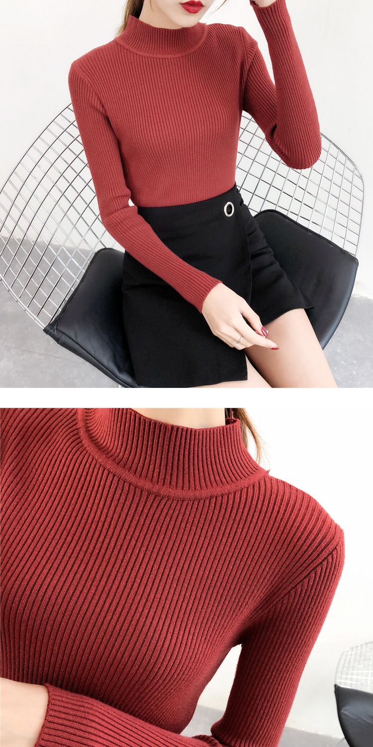 Pull coupe slim en fil filé pour femme, chaud, automne-hiver, col mi-haut, couleur unie, manches longues_voghion.com