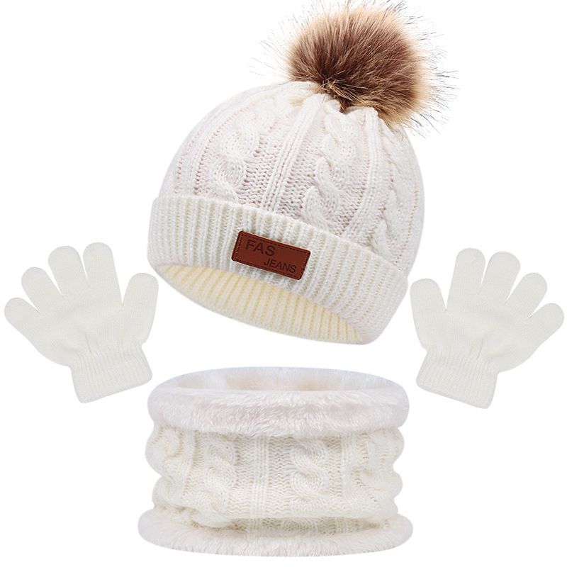 Baby Wantermütz Schal Handschuesch Set Gestrickte Pelzball Kannermütz Babykapp fir Meedercher Jongen Accessoiren Puppelchenkapott Klengkandmütz 1-5J_voghion.com