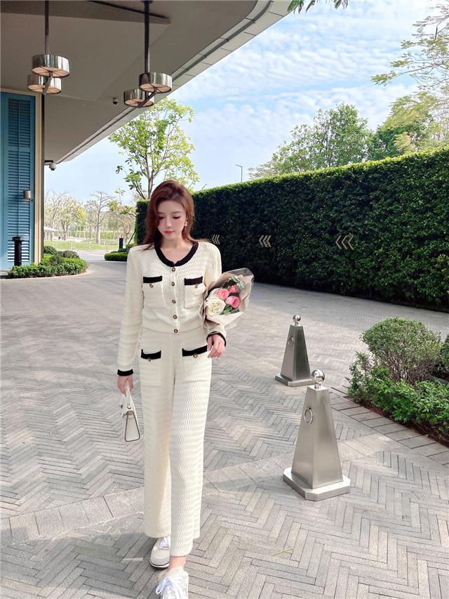 Leichter Luxus für Damen, faules Temperament, kleiner Duftanzug, hochwertige Strickjacke, zweiteiliges Set mit hoch taillierten Hosen mit weitem Bein_voghion.com